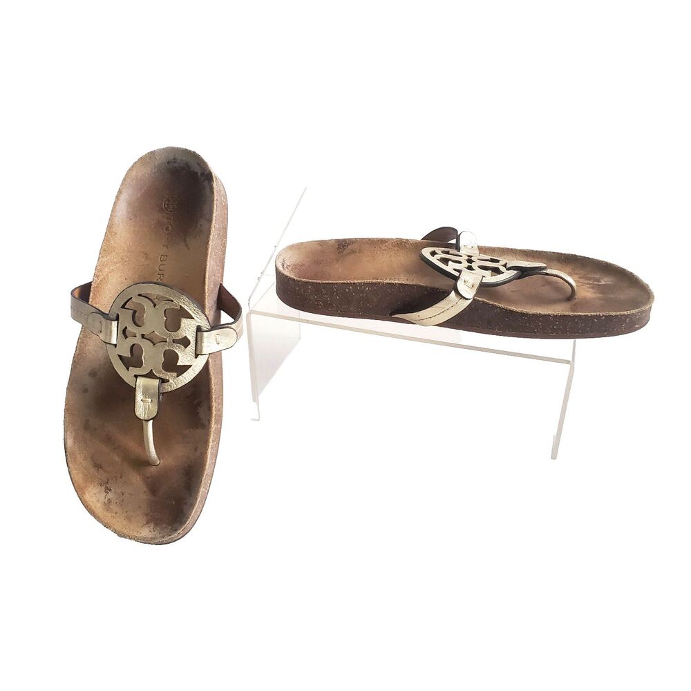 Tory Burch Women's Sandals Size 9.5 Gold Genuine Leather Cork Logo Miller Cloud